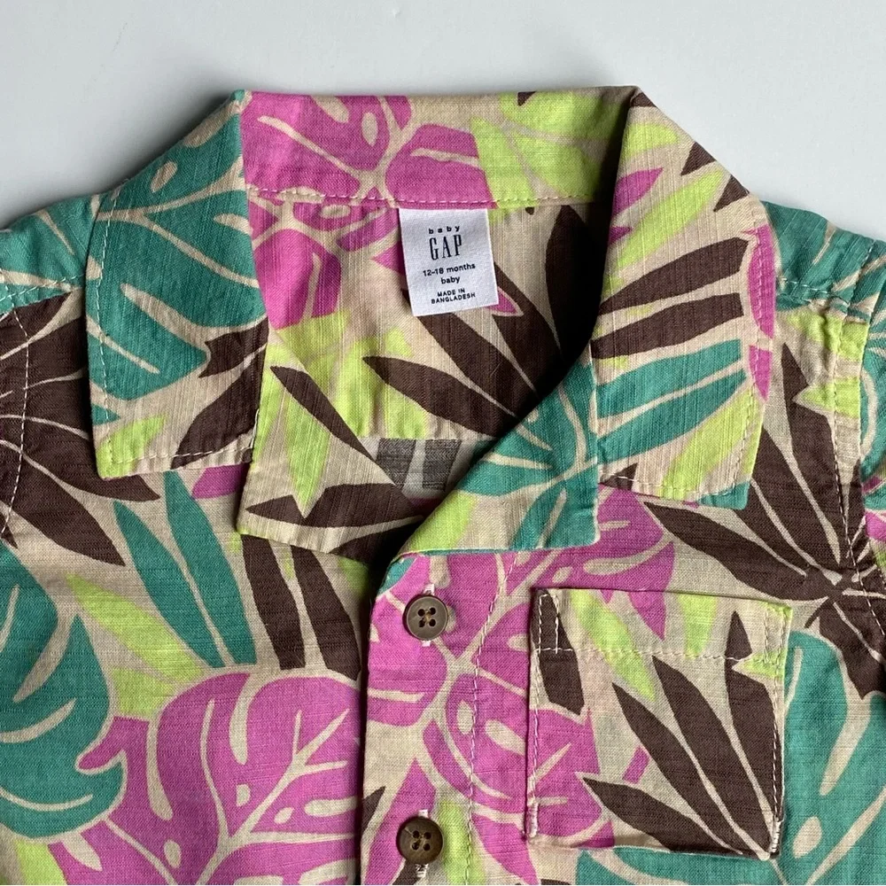 GAP Tropical Leaf Camp Shirt - Pink, Teal, Brown, Lime